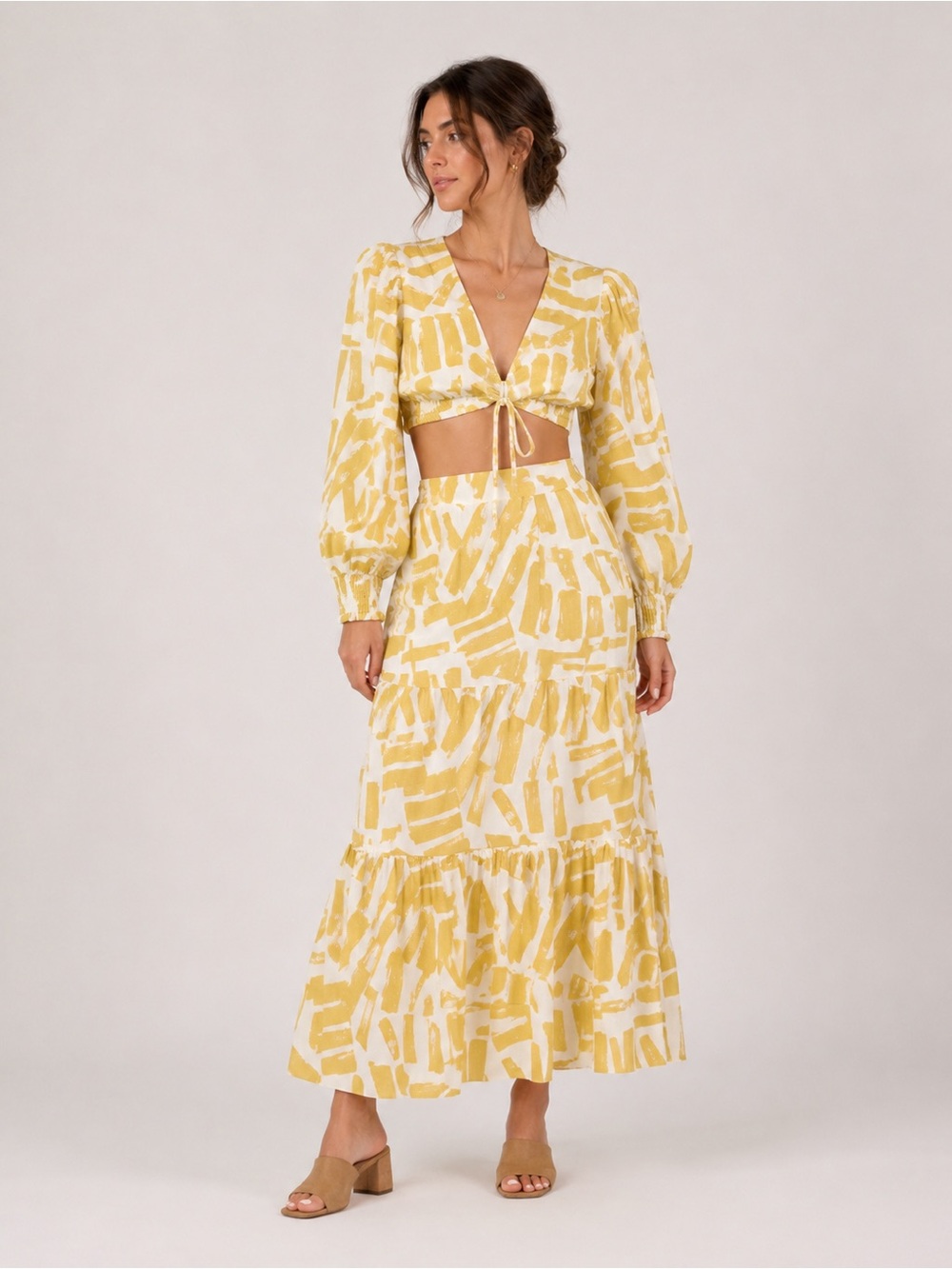 HOUSE OF HARLOW Long Sleeve Linen Crop Top With Maxi Skirt Set